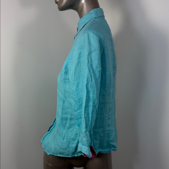 Ralph Lauren Petite Linen Teal Light Blue Button-Up Shirt - Picture 3 of 7